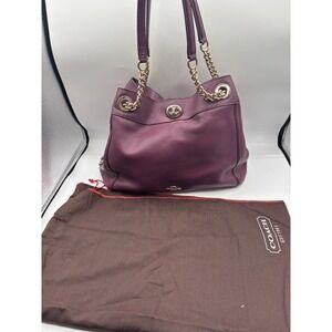Coach Edie Purple Pebbled Leather Turnlock Chain‎ Strap Shoulder Bag W/ Dustbag